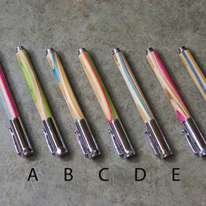 Recycled SKATEBOARD 7PLIS roller pen, handmade in France, pink blue wood image 2