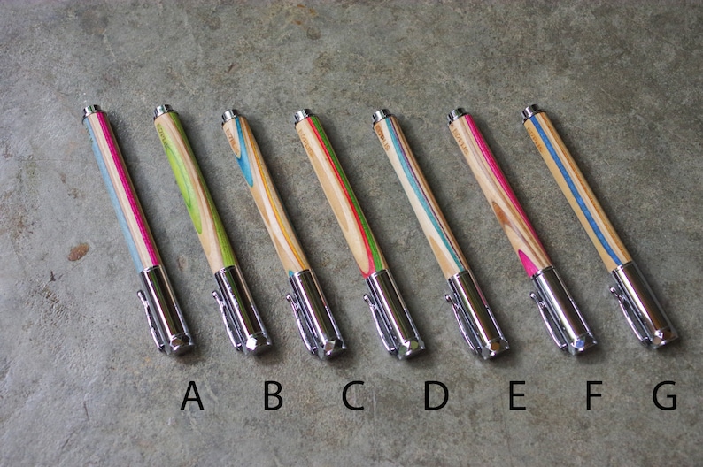 Recycled SKATEBOARD 7PLIS roller pen, handmade in France, pink blue wood image 2