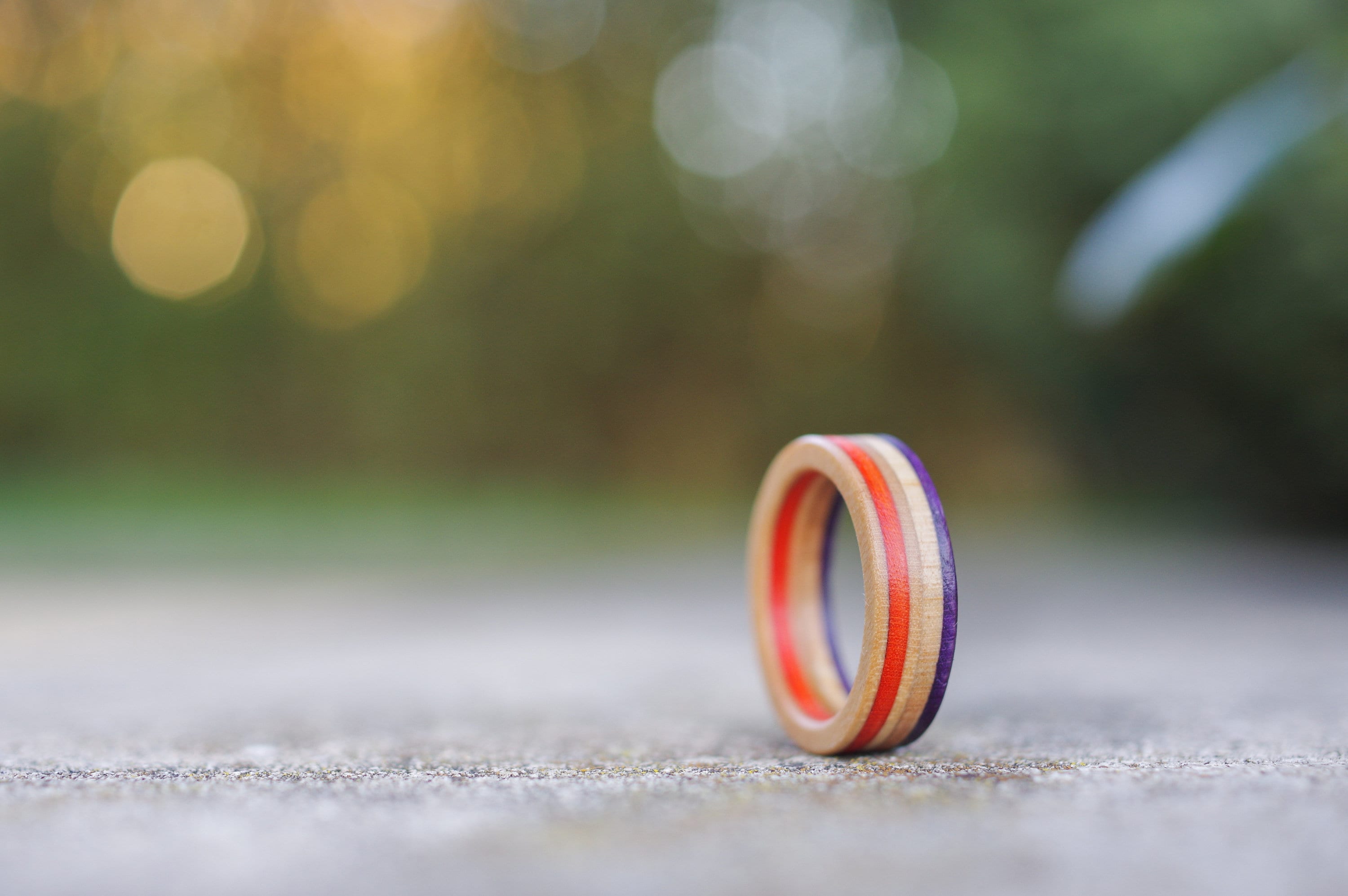 skateboard recycled wood ring purple orange