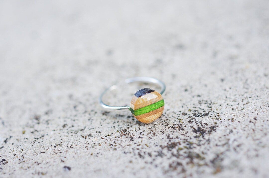 Bague SKATEBOARD recyclé, vert rose bleu bois, 7PLIS résine bois