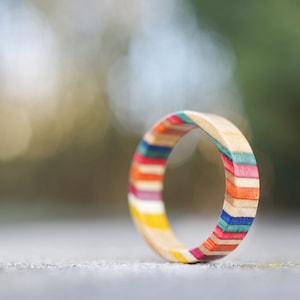 Recycled skateboard wood ring, orange red blue