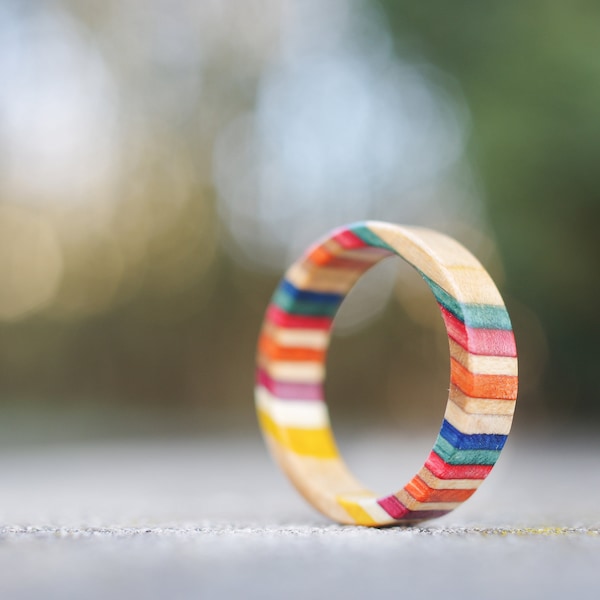 Recycled skateboard wood ring, orange red blue