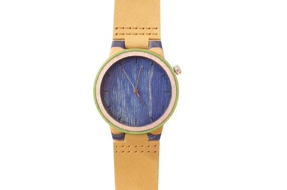 Recycled Skateboard Watch, Blue and Wood, 7PLIS #254 Made in  display picture 1