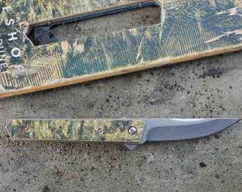 Recycled SKATEBOARD knife 7PLIS, brown green wood, unique handmade model