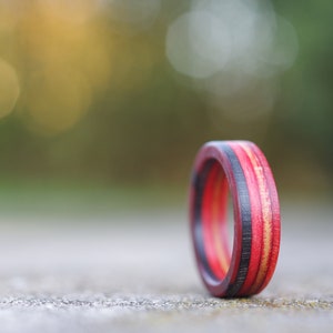 skateboard recycled wood ring black red