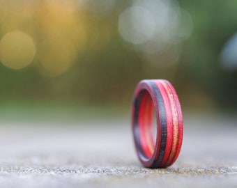 skateboard recycled wood ring black red