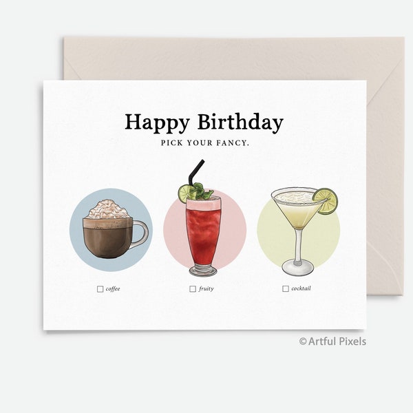Fancy Drinks Birthday Card, Funny Birthday Card for Her, Coffee, Pick Your Fancy Cocktail Interactive Card, Fruity Drinks, Fancy Birthday