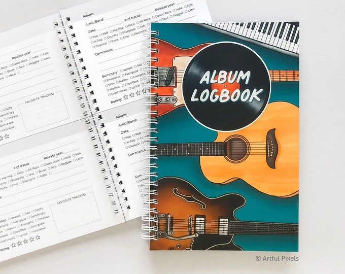 Music Album Journal | Log, Track, Review Songs | Hand-Drawn Art, 5.5x8.5"