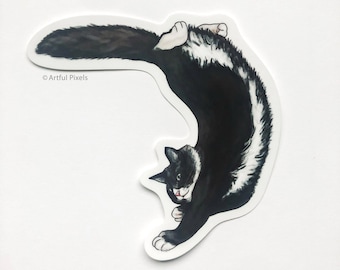 Acrobat Tuxedo Cat Sticker, Hand Drawn Art, Black and White Cat Sticker, Funny Cat Stickers, Laptop Notebook Sticker, Cat Lover Gifts, 4"