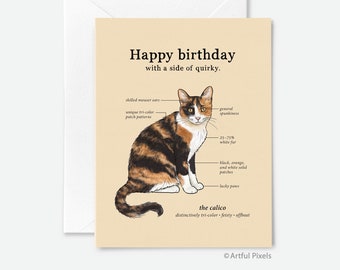 Calico Cat Birthday Card, Funny Calico Greeting Card, Cat Diagram, Cat Lover, Cat Lady, Cat Chart Infographic, Watercolor Cat, Quirky Cats