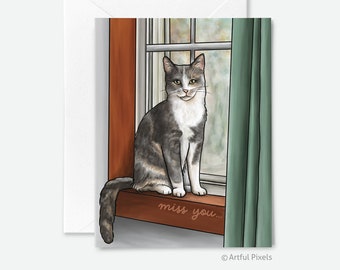 Grey Calico Cat Greeting Card, I Miss You Card, Long Distance Friendship Card, Cat Lover, Cat Lady, Just Because Card, Gray Cat in Window