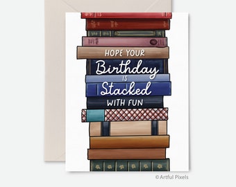 Bookish Birthday Card, Stack of Books Greeting Card, Nerdy Book Lovers Card, Vintage Books Illustration Art, Fun Book Birthday Card for Her