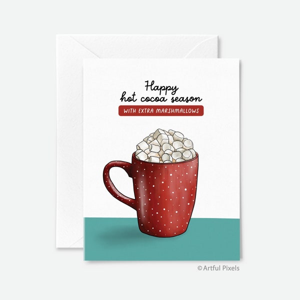 Holiday Hot Cocoa Card, Hot Chocolate Season, Extra Marshmallows, Christmas Card, Holiday Season Card, Red Christmas Mug, Xmas Card for Her