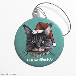 Grey Tabby Cat Ornament, Santa Cat, MaineCoon Cat, Cat Lover Stocking Stuffer, Cat Mom Gift, Cat Lady, Green 3.5&quot; Metal Christmas Ornament