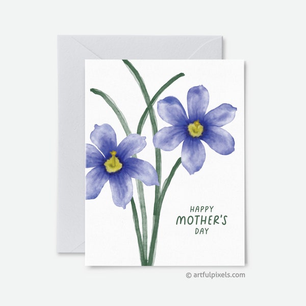 Floral Mother's Day Card, Blue-eyed Grass Wildflowers Mom's Day Card, Purple Floral Art Card for Mom, Mothers Day Gift For Her, Sisyrinchium