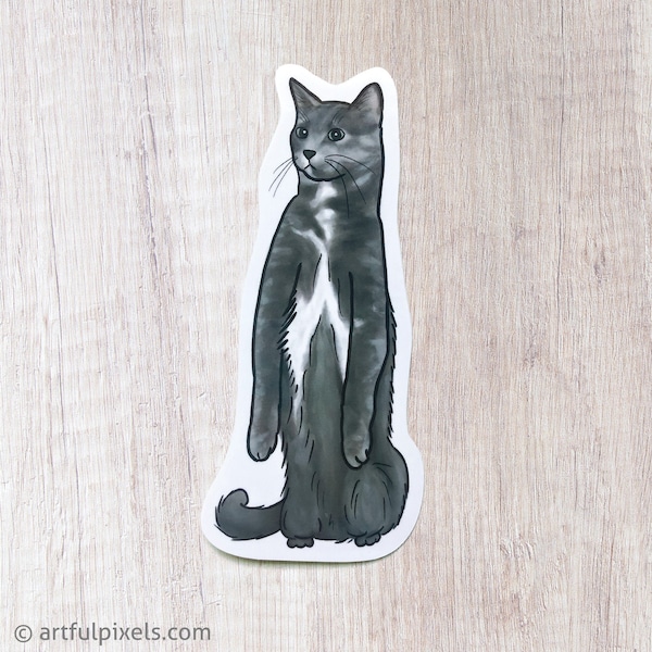 Dilute Tortoiseshell Cat Sticker, Grey Cat Hand Drawn Art, Muted Tortie, Meerkat Pose, Laptop Notebook Sticker, Cat Lover Gift, 5 inches