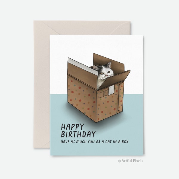 Funny Cat Birthday Card, Cat in a Box Birthday, Box Cat Illustration Art, Cat Lover, Cat Lady, Fun Birthday for Her, Fluffy Cat Gift Box