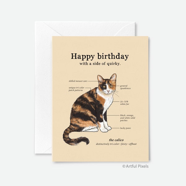 Calico Cat Birthday Card, Funny Calico Greeting Card, Cat Diagram, Cat Lover, Cat Lady, Cat Chart Infographic, Watercolor Cat, Quirky Cats
