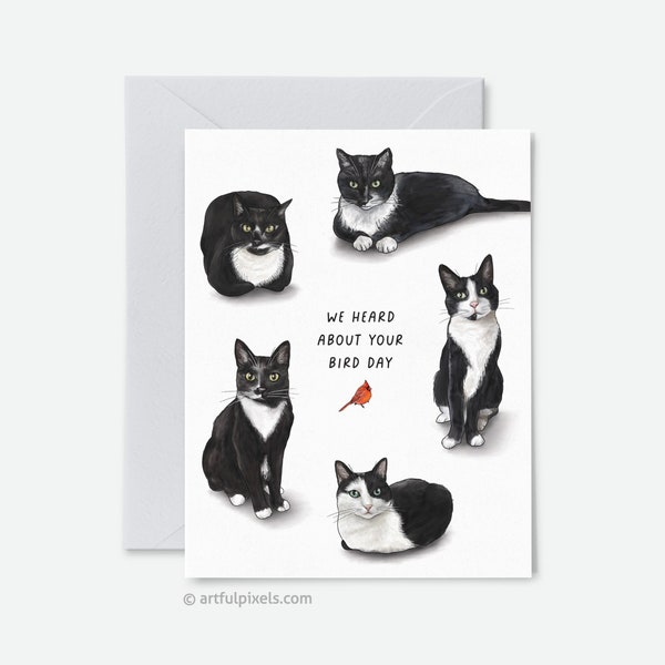 Funny Cat Birthday Card, Tuxedo Cat Hand Drawn Art, Birthday From All of Us, Bird Day, Black Cats, Cat Lover Gift, Cat Lady Card for Her