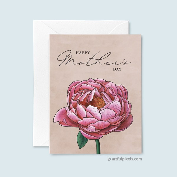 Pink Peony Mother's Day Card from Daughter, Peony Bloom Happy Mothers Day Card, Flower Art for Mom, Floral Painting, Mother's Day Gift