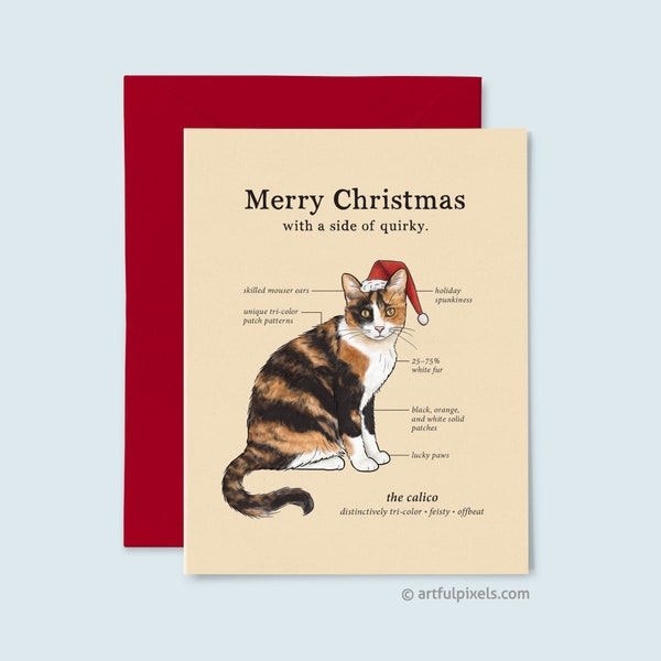 Calico Cat Christmas Card, Calico Cat Santa, Cat Lover Holiday Card, Funny Christmas Cards, Cat Lady Card, Cat Breed Chart, Xmas Cat Cards