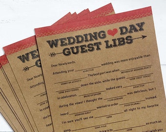 Wedding Guest Libs - Pack of 25 cards. Wedding Games, Fun Guestbook Alternative, Rustic Wedding Reception, Funny Game, Advice Cards, 5x7"