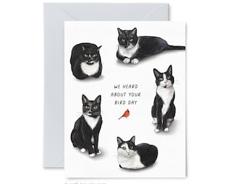 Tuxedo Cats Funny Birthday Card, Happy Bird Day, Hand-Drawn Art
