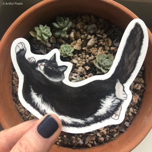 Acrobat Tuxedo Cat Glossy Sticker, Hand Drawn Art, Black and White Cat Sticker, Funny Kitten, Giftful Cats, Cat Lover Gifts, 4"