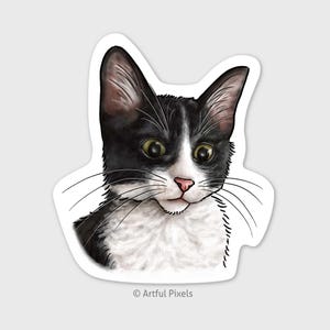 May include: A sticker featuring a watercolor illustration of a tuxedo cat. The cat has black and white fur, green eyes, and a pink nose. The sticker has a white border and the text "Artful Pixels" at the bottom.