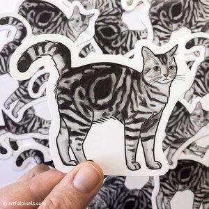 Pode incluir: Um adesivo de gato listrado preto e branco com fundo branco. O gato est&aacute; em p&eacute; com o rabo enrolado em torno do seu corpo. O adesivo &eacute; impresso em um fundo branco.
