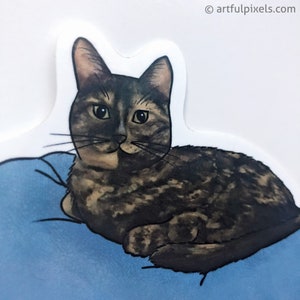 May include: A brown tabby cat with green eyes is lying on a blue pillow. The cat is looking directly at the viewer.