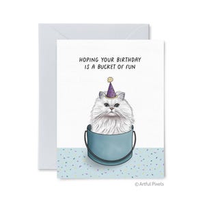 Funny Cat Birthday Card, White Cat Party Greeting Card, Cat Lover Card, Birthday Card for Her, Cat Lady Gift, Cat Art, Funny Cat Watercolor