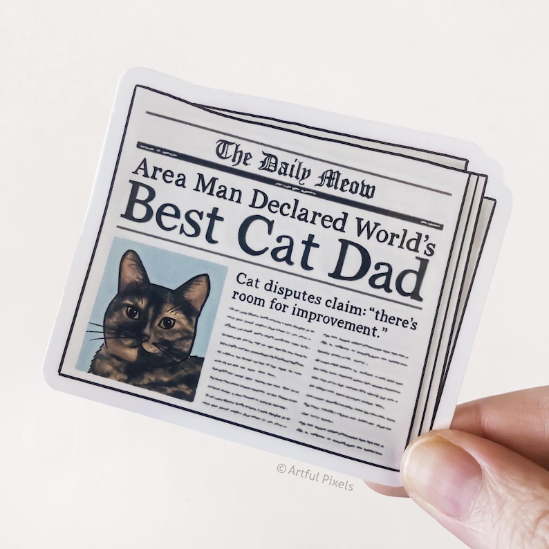 World's Best Cat Dad Glossy Sticker 3.5, Funny Cat Newspaper, Tortie
