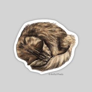 Cozy Brown Tabby Cat Sticker 3.5&quot; in, Hand Drawn Art, Lazy Sleeping Kitty, Laptop Notebook Matte Sticker, Cat Lover Gift, Cat Mom