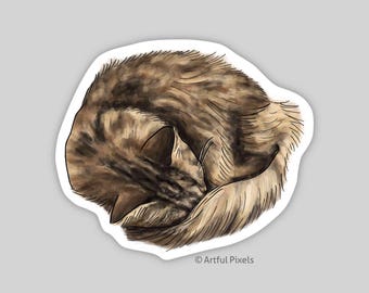 Cozy Brown Tabby Cat Sticker 3" in, Hand Drawn Art, Lazy Sleeping Kitty, Laptop Notebook Matte Sticker, Cat Lover Gift, Cat Mom