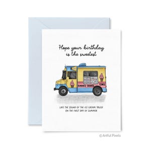 Ice Cream Truck Birthday Card, Colorful Ice Cream Cone Card, Sweetest Birthday, Ice Cream Art, Fun Birthday for Her, Kids Birthday