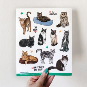Cat Sticker Sheet, Tortoiseshell Cat Sticker, Tuxedo Cat Sticker, Cat Breed Stickers, Orange Tabby Cat, Funny Cat Gifts, Cat Lover, Cat Lady