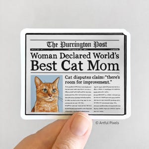 Orange Tabby World&#39;s Best Cat Mom Matte Sticker 3.5&quot;, Funny Cat Lover Gifts, Greatest Cat Lady, Gift for Her, Ginger Cat, Hand Drawn Art