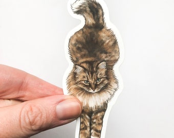 Brown Tabby Mainecoon Cat Glossy Sticker 4", Fluffy Cat Lover, Cat Lady Gift for Her, Cute Cat Artwork, Hand-drawn Art, Stretched Cat Pose