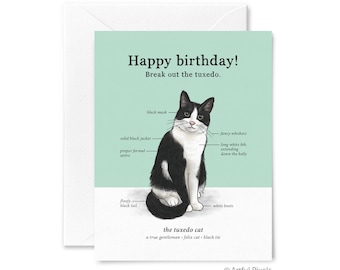 Tuxedo Cat Anatomy Birthday Card, Black and White Kitty Celebration Greeting, Tuxie Kitten Lover, Funny Cards for Her, Infographic Diagram