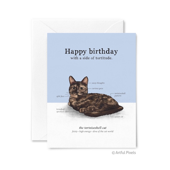 Tortoiseshell Cat Anatomy Birthday Card, Tortie Kitty Lover, Funny Diagram Chart, Cute Kitten Tortitude Greeting Card, Hand-drawn Art