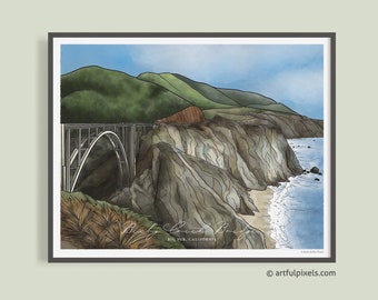 Big Sur Bixby Bridge Watercolor Art Print: California Coast Highway 1 Landscape, Unframed