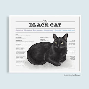 Black Cat Art, Cute Cat Chart Infographic Poster, Cat Lover, Gifts for Her, Cat Lady Home Decor Artwork, Watercolor Illustration UNFRAMED