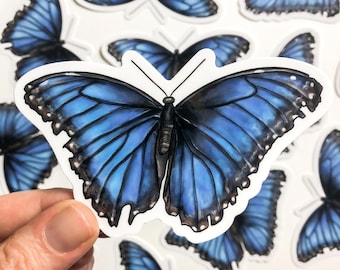 Blue Morpho Butterfly Glossy Sticker, Colorful Hand-drawn Art, Waterproof Vinyl, 4 inches