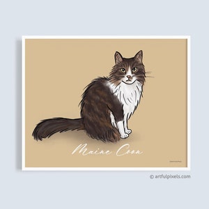 MaineCoon Cat Art Print, Cat Lover Gift for Her, Cat Breed Illustration Pet Artwork, Colorful Cute Brown Tabby Cat Wall Art Decor UNFRAMED