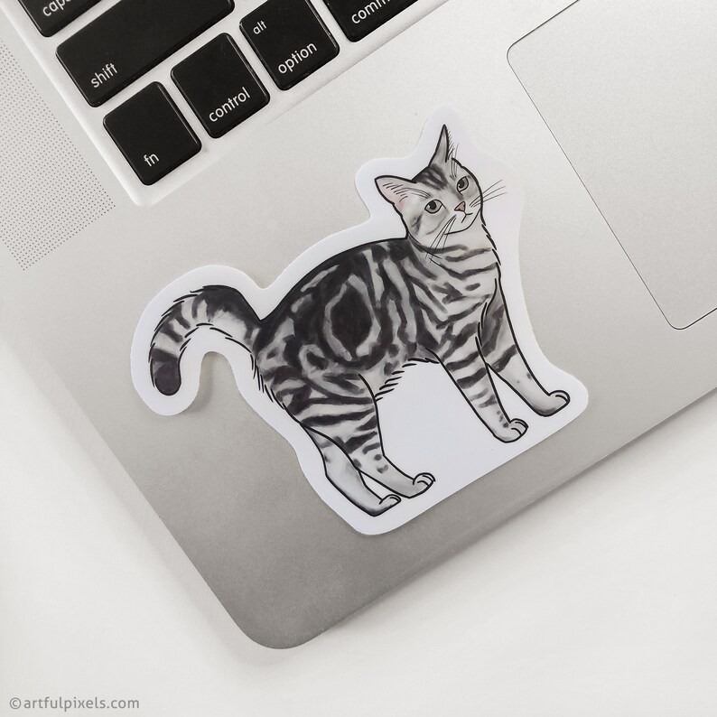 Pode incluir: Um adesivo ilustrado em preto e branco de um gato tigrado em p&eacute; em um laptop.