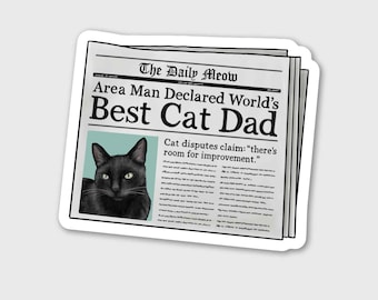 Black Cat Best Cat Dad Newspaper Matte Sticker, Funny Hand-Drawn Artwork