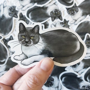 Gray Cat Sticker, Hand Drawn Art, Grey and White Cat Sticker, Funny Cat Stickers, Laptop Notebook Sticker, Cat Lover Gifts, Cat Mom, 4 inch