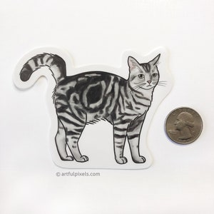 Pode incluir: Um autocolante ilustrado a preto e branco de um gato tabby prateado em p&eacute; sobre um fundo branco. O autocolante &eacute; aproximadamente do tamanho de uma moeda de 20 c&ecirc;ntimos de euro.