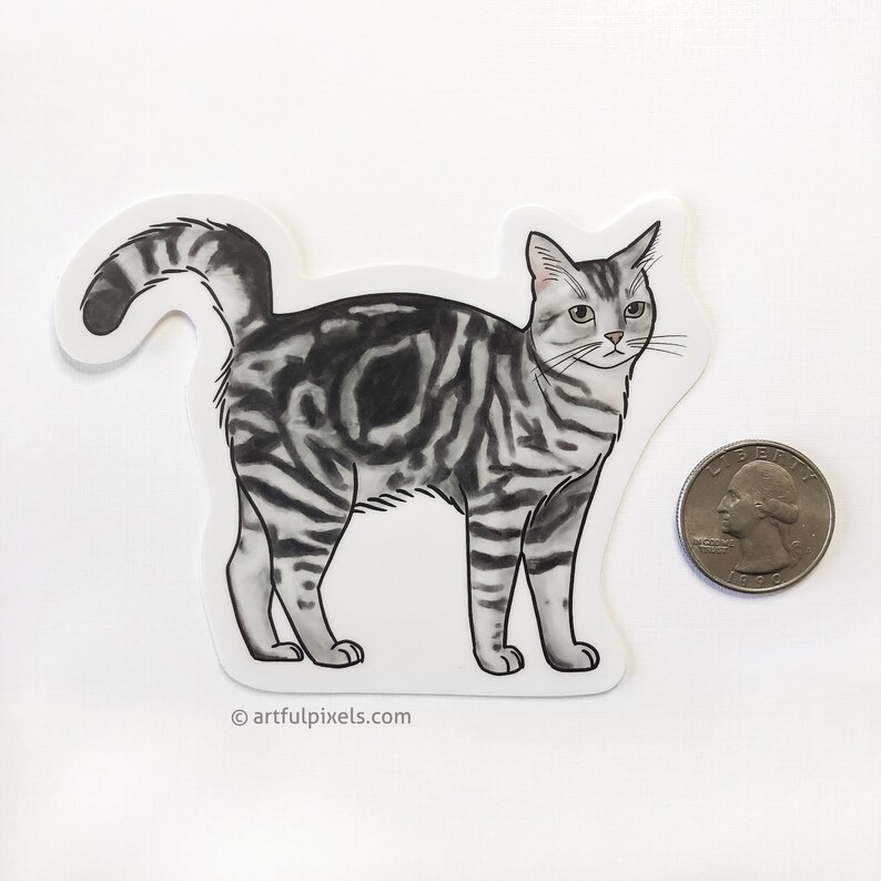 Pode incluir: Um autocolante ilustrado a preto e branco de um gato tabby prateado em p&eacute; sobre um fundo branco. O autocolante &eacute; aproximadamente do tamanho de uma moeda de 20 c&ecirc;ntimos de euro.
